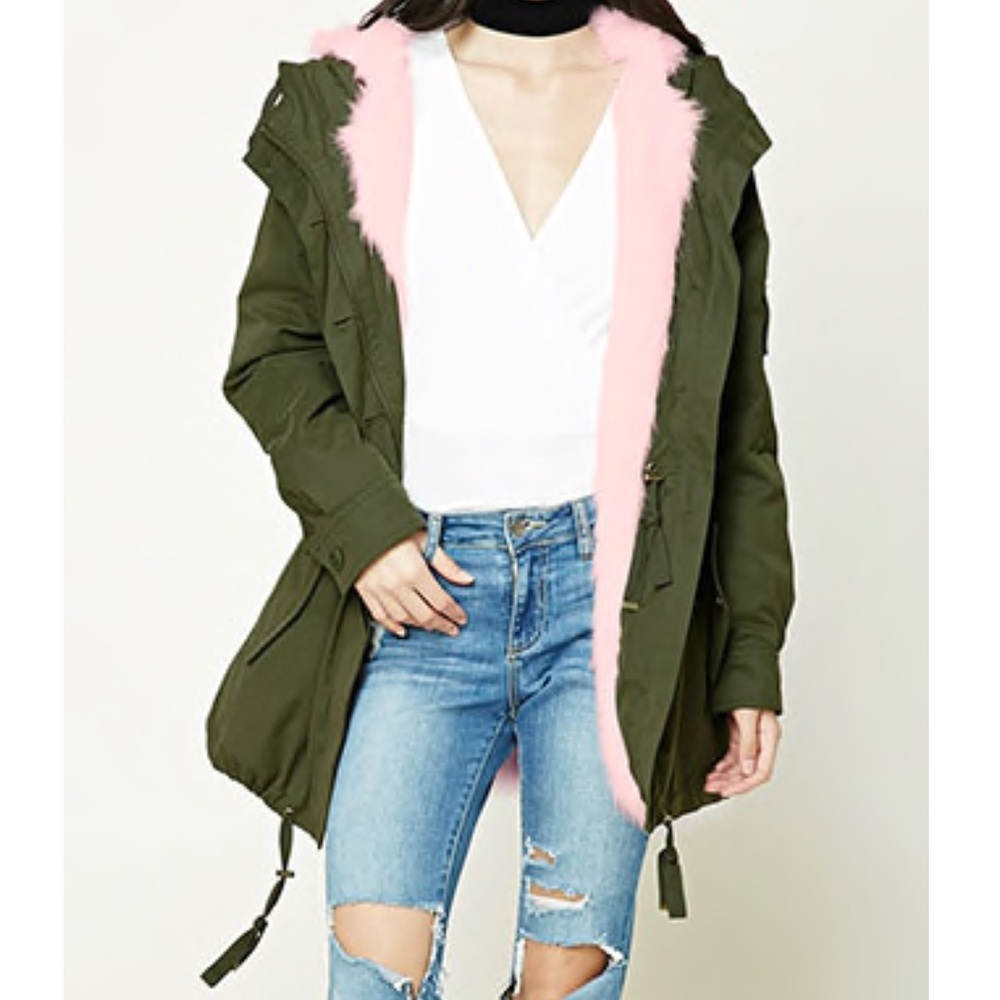 Hooded faux fur parka in olive green
